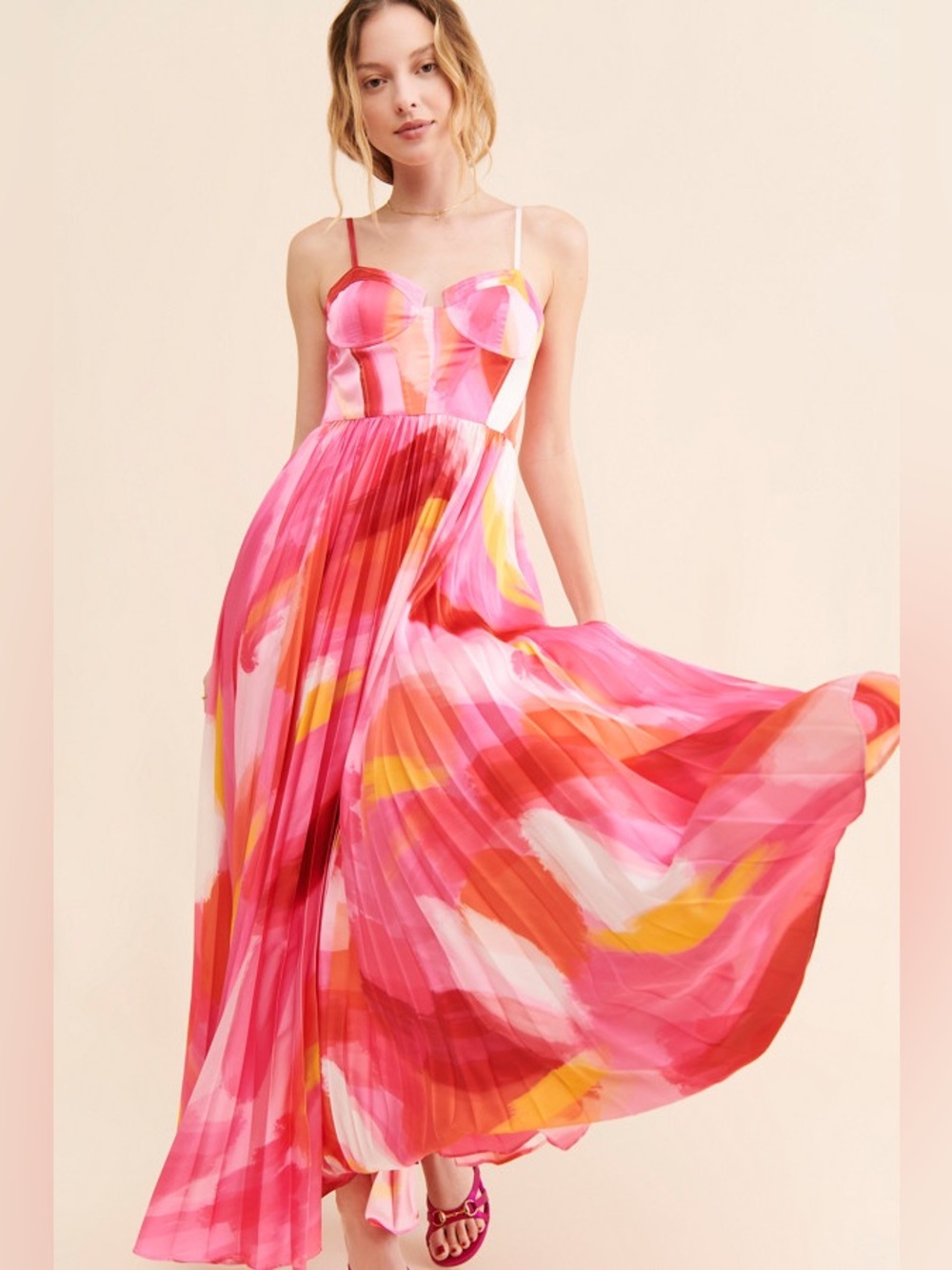 Hutch Mali Bustier Pleated Satin Gown Dress Women’s Size 4 Pink Multicolor